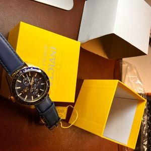 Invicta Aviator 38977 Mens Gold-Tone Blue Dial Day/Date Tachymeter Leather Watch
